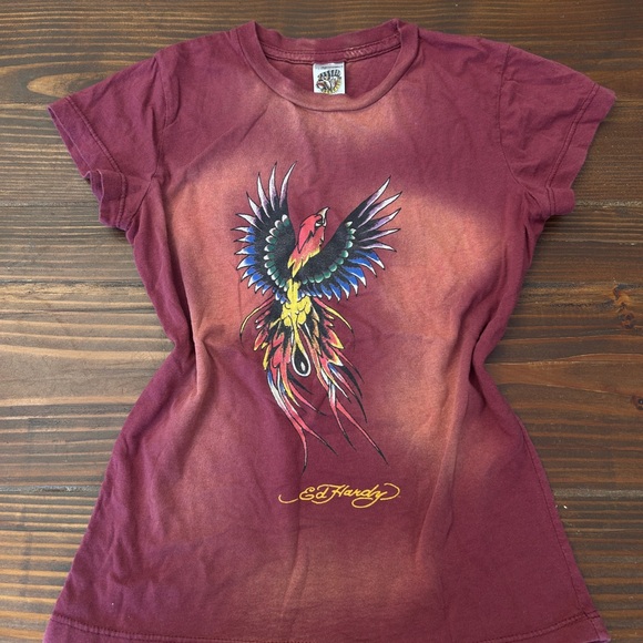 Ed Hardy Maroon Graphic T-Shirt - Picture 2 of 4